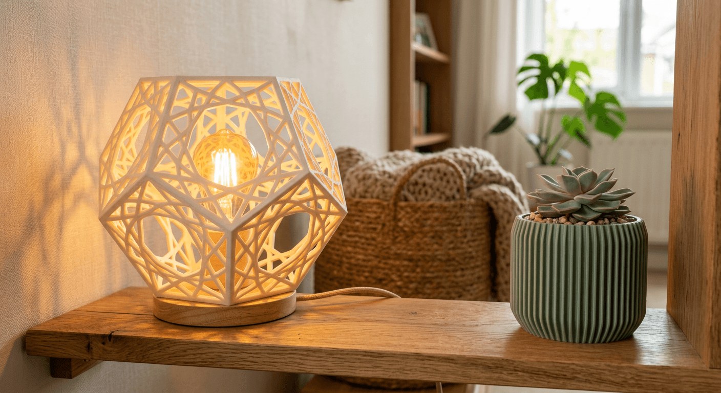 Luminária geométrica e vaso impressos em 3D