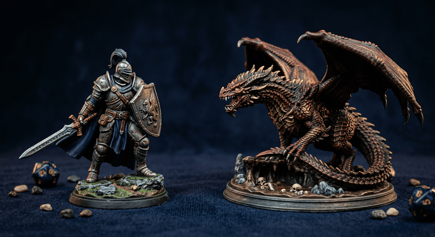 Miniaturas de guerreiro e dragão impressas em 3D